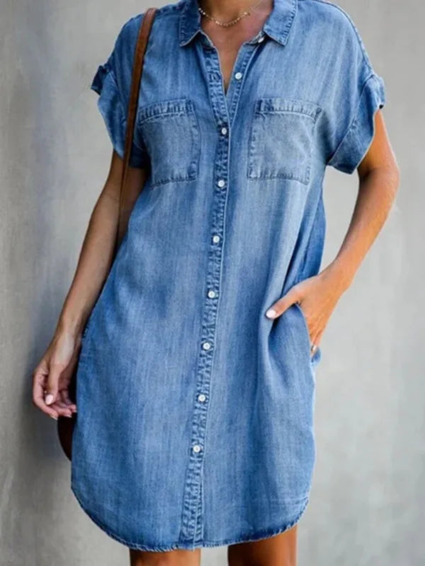 Denim Short-Sleeve Dress | OWNLUXE