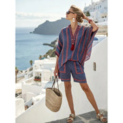 Women's Short Sleeve V-Neck Two Piece Shorts | OWNLUXE