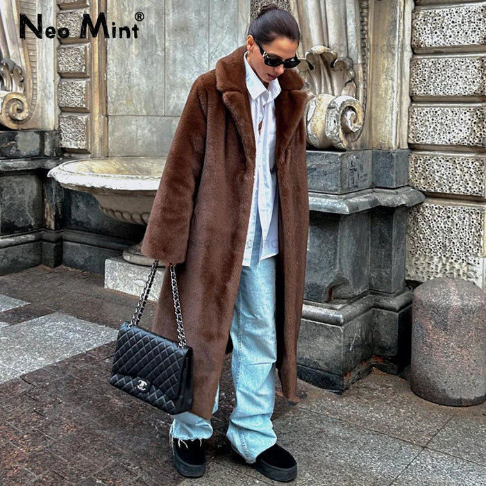 Neo Mint Luxury Faux Mink Fur Coat - Women's Long Winter Overcoat with Crystal Hooks