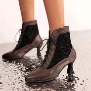 Women’s Retro Lace-Up Ankle Boots – Pointed Toe Hoof Heel