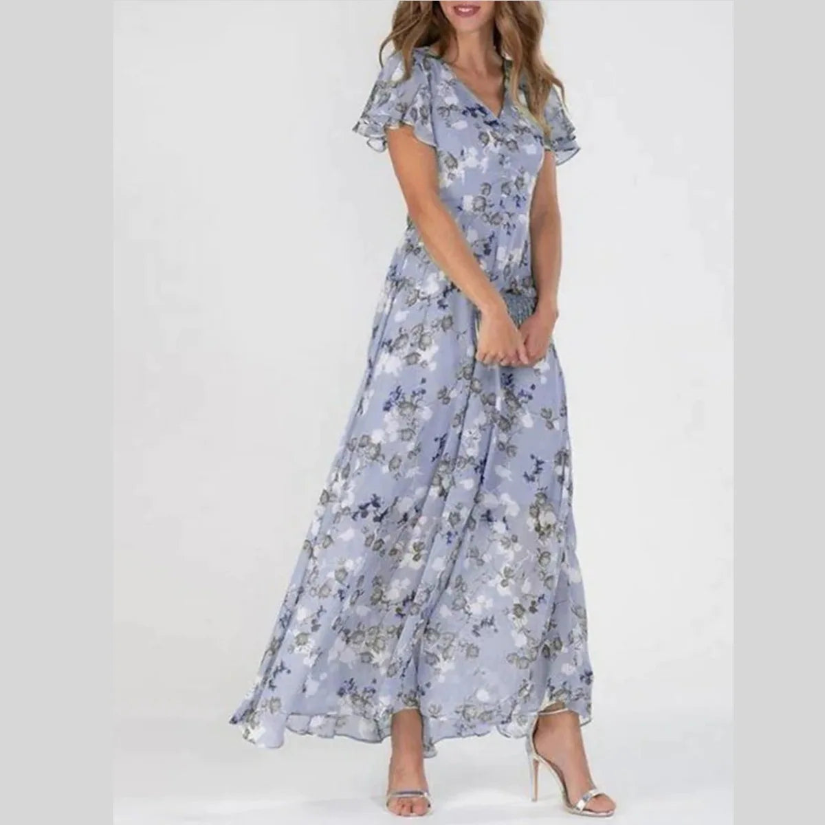 Beach Holiday Chiffon Midi Dress V-Neck Long Sleeve Casual Loose | OWNLUXE