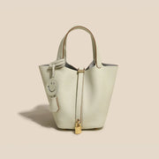 Genuine Cowhide Leather Bucket Bag - Fashion Lock Handbag with Phone Pocket | OWNLUXE