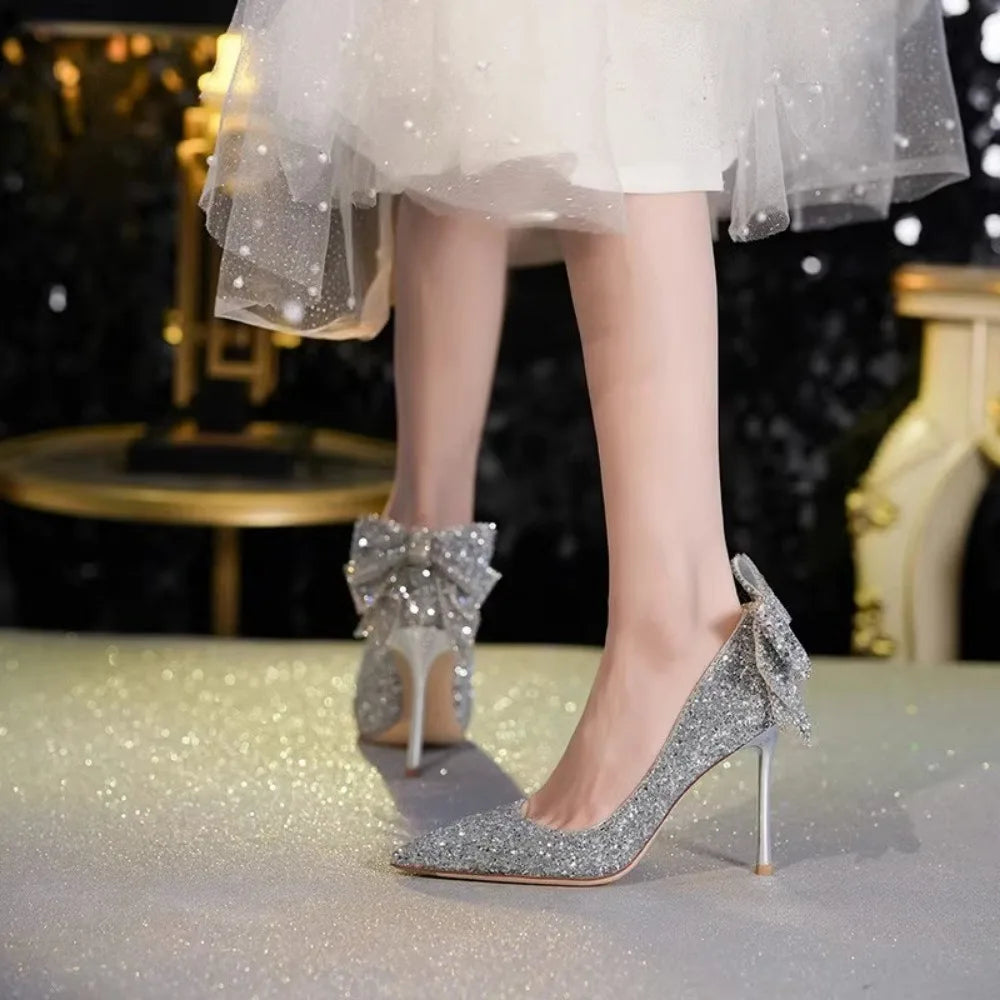 Women's High-Heel Pointed-Toe Slip-On Pumps (Silver) | OWNLUXE