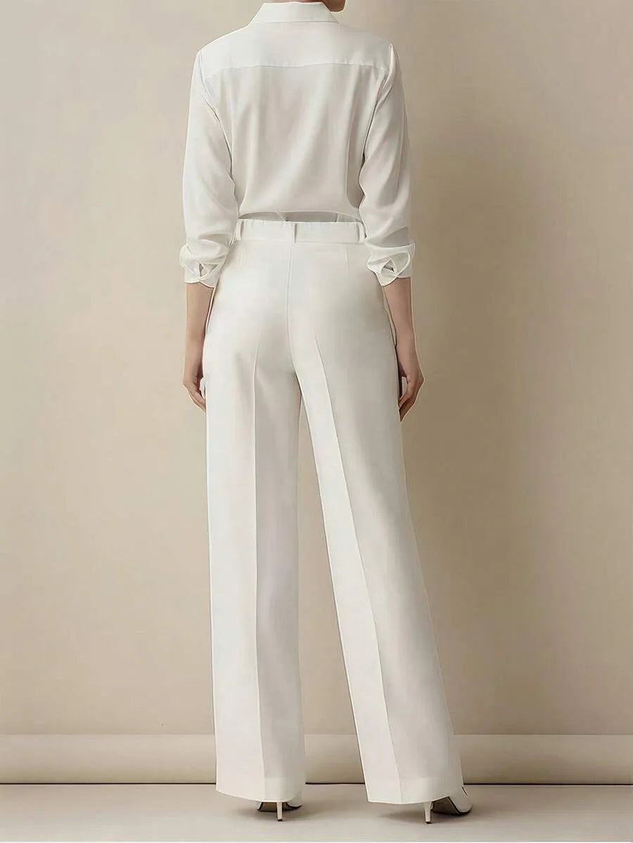 Women's High Waist Work Trousers - Casual Loose Fit Pants with Pockets