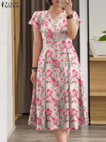 Load image into Gallery viewer, Bohemian A-Line Floral Print Mid-Calf Dress
