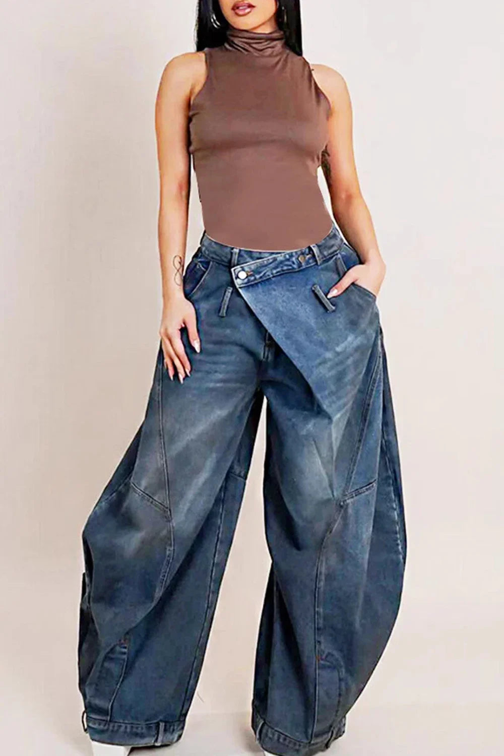 Y2K Harajuku Grunge Denim Jeans - Asymmetric Button Loose Fit