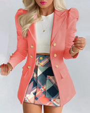 Women's Elegant Plaid Print Blazers Skirt Two Piece Set Notched Long Sleeve | OWNLUXE