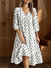 Puff-Sleeve Polka Dot V-Neck Midi Dress | OWNLUXE