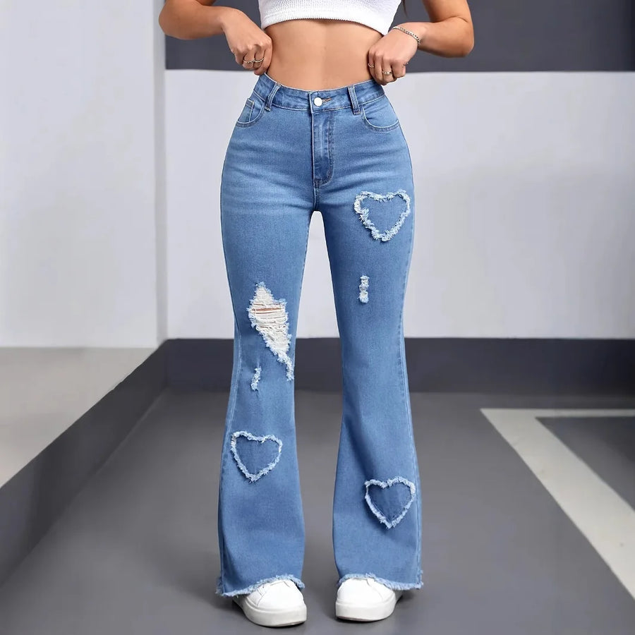 Denim Flared Jeans - High Waist Distressed Boot Cut Pants