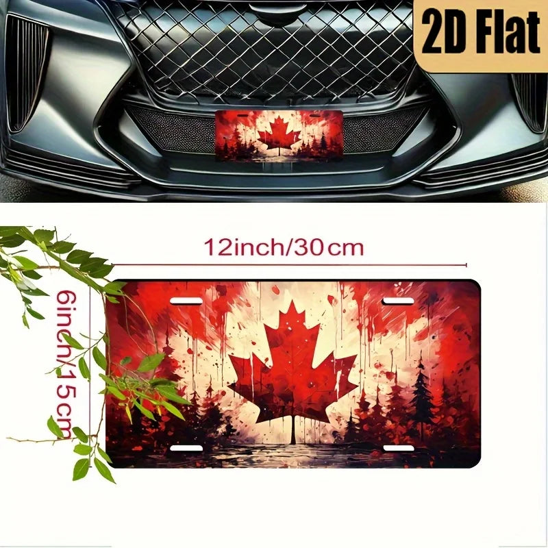 2D Flat - Vintage Canadian Maple Leaf Aluminum Wall Plaque - Patriotic Red & Leaf Design with Green Pine Trees