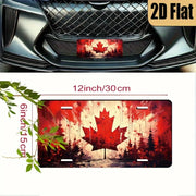 2D Flat - Vintage Canadian Maple Leaf Aluminum Wall Plaque - Patriotic Red & Leaf Design with Green Pine Trees