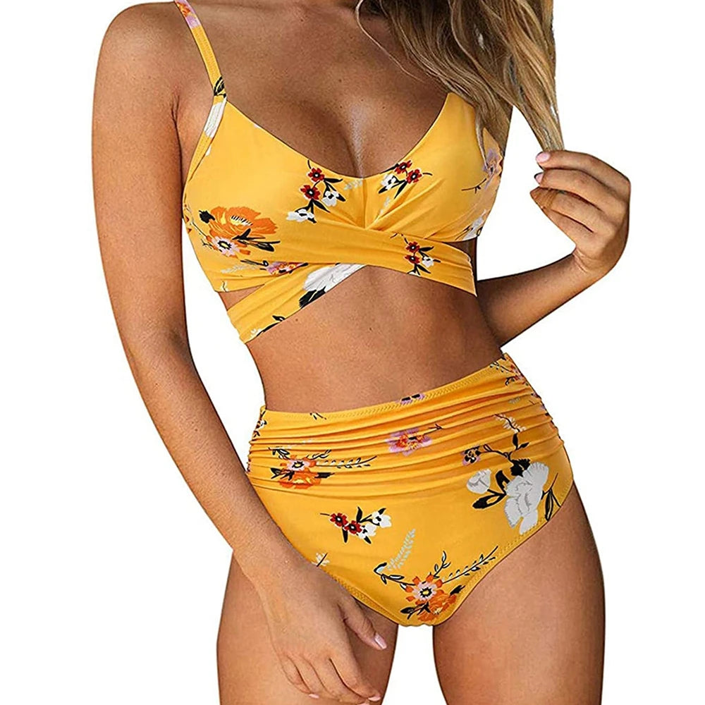 High-Waist Floral Ruched Bikini Set | OWNLUXE