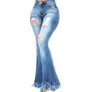 Women’s High-Waisted Ripped Flare Jeans with Tassel Hem