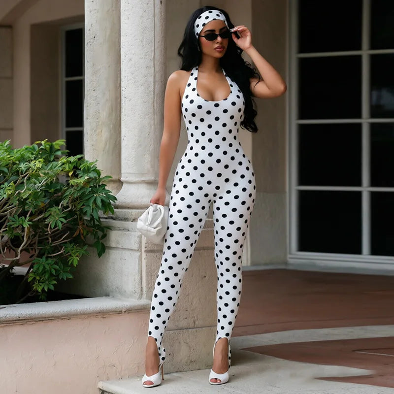 Polka Dot Halter Off-Shoulder Bodycon Jumpsuit | OWNLUXE
