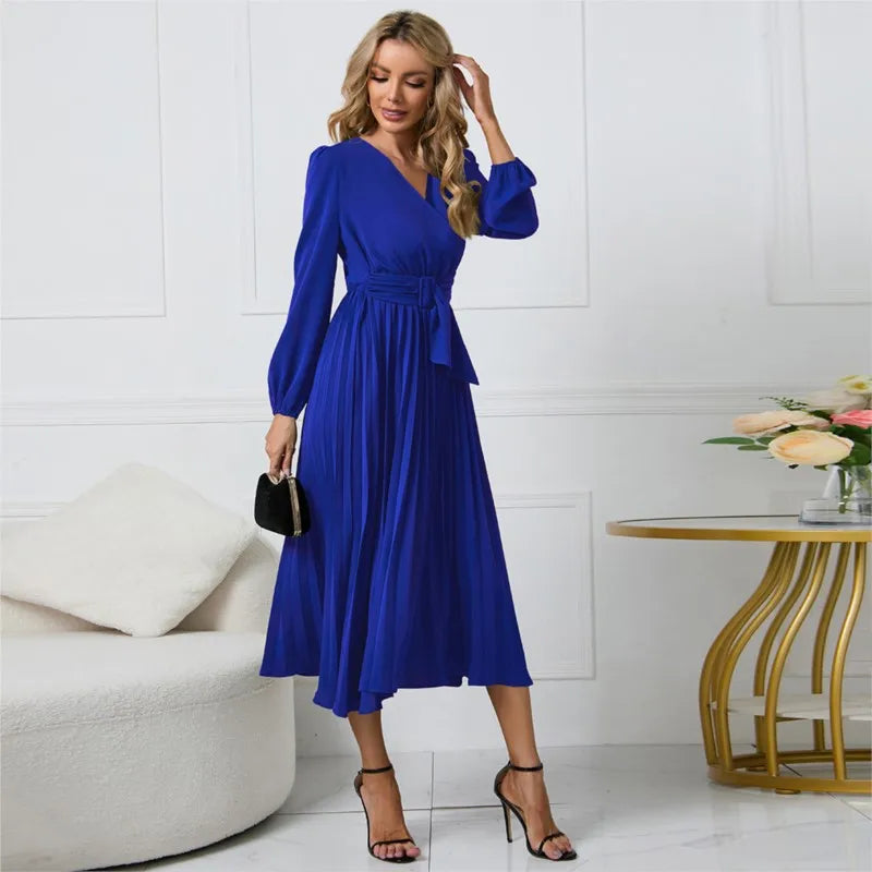 Slim-Fit A-Line Mid-Calf Dress with Lantern Sleeves and Sashes – Office Lady Autumn/Winter