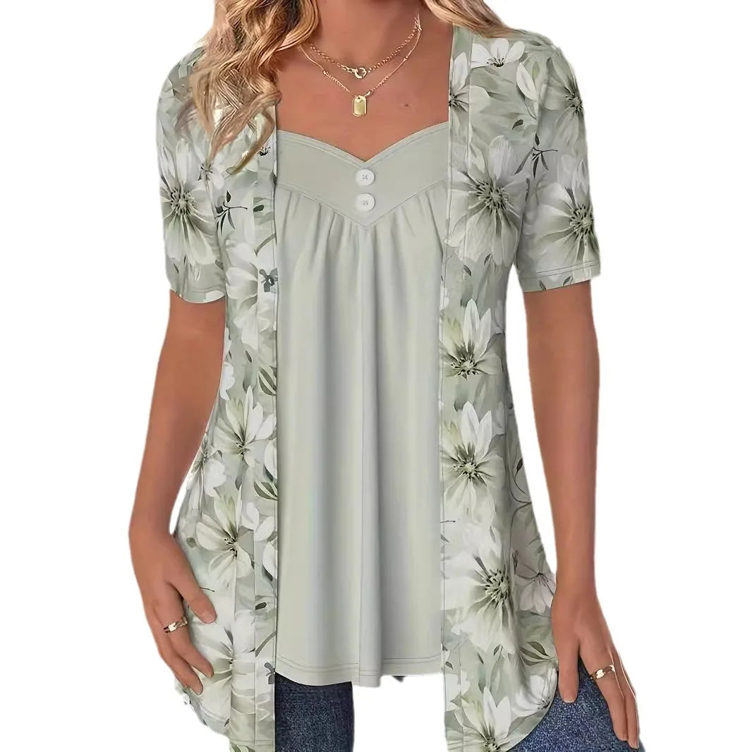 Patchwork Knit Button Top with Square Neckline