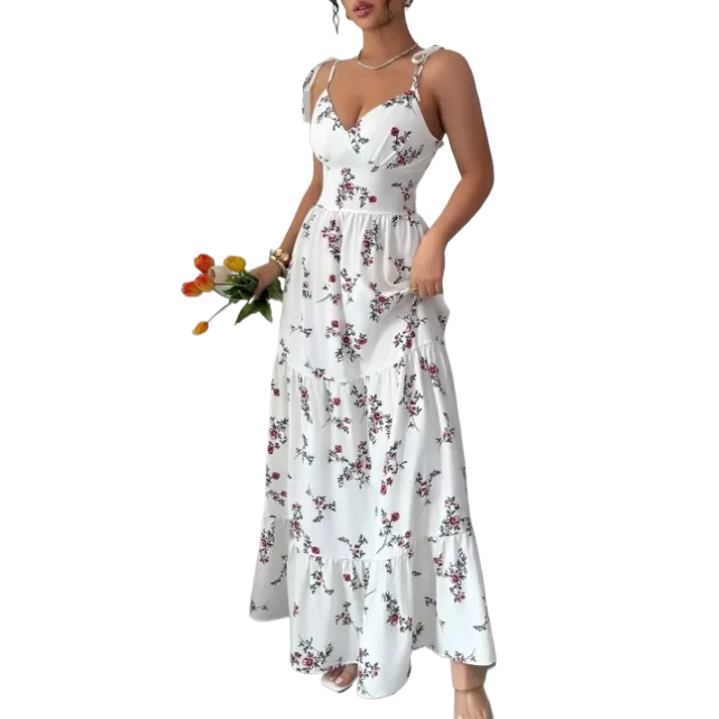 High-Waist Floral Print Bow Dress | OWNLUXE