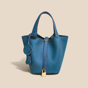 Genuine Cowhide Leather Bucket Bag - Fashion Lock Handbag with Phone Pocket | OWNLUXE