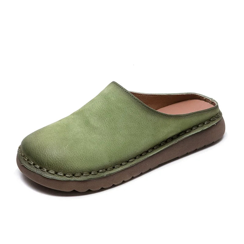 Genuine Leather Flat Slippers – Handmade Retro Women’s Mules