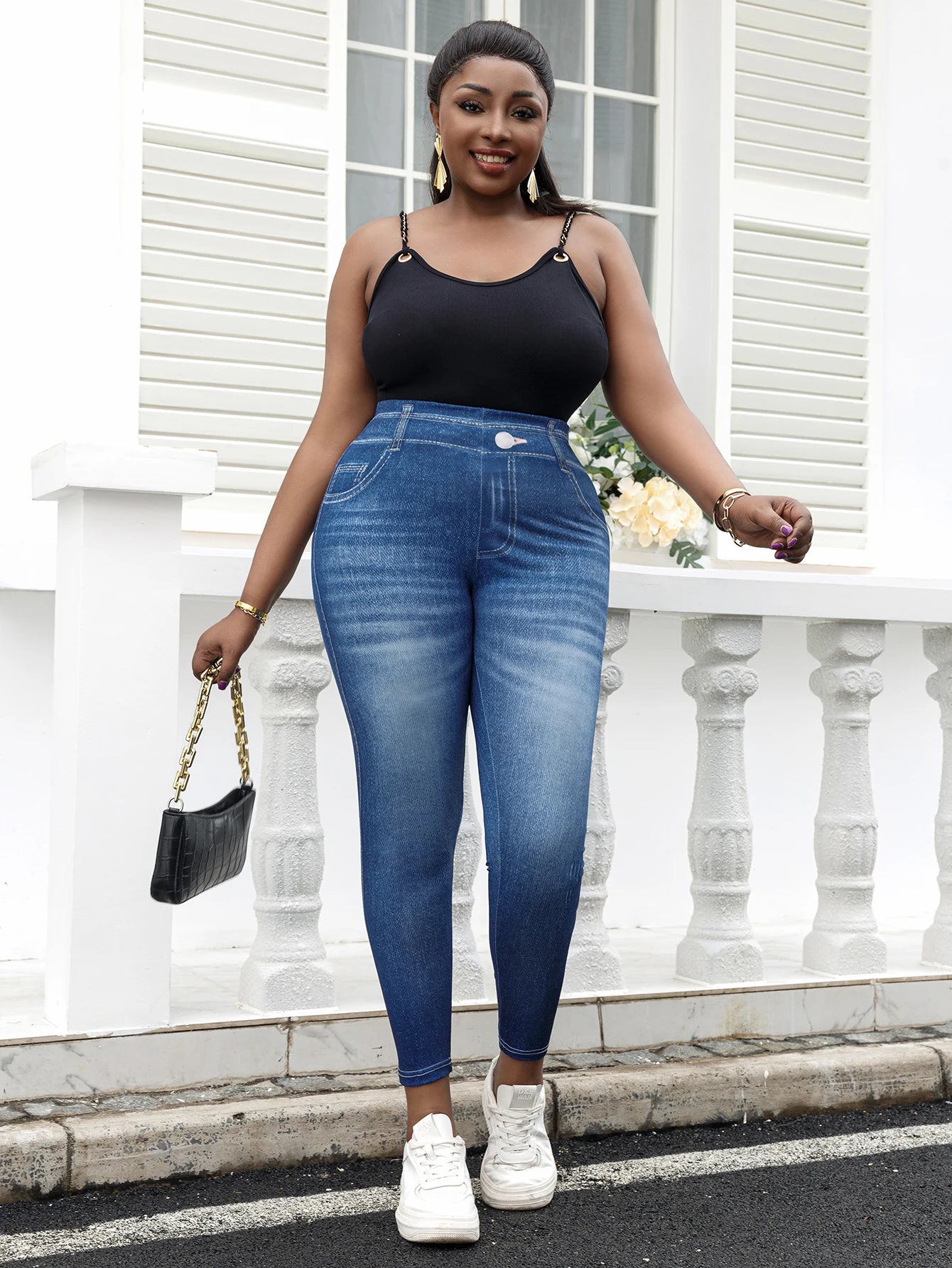 Plus Size Imitation Jeans Leggings - Vintage Wash Stretchy Pants