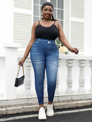 Plus Size Imitation Jeans Leggings - Vintage Wash Stretchy Pants