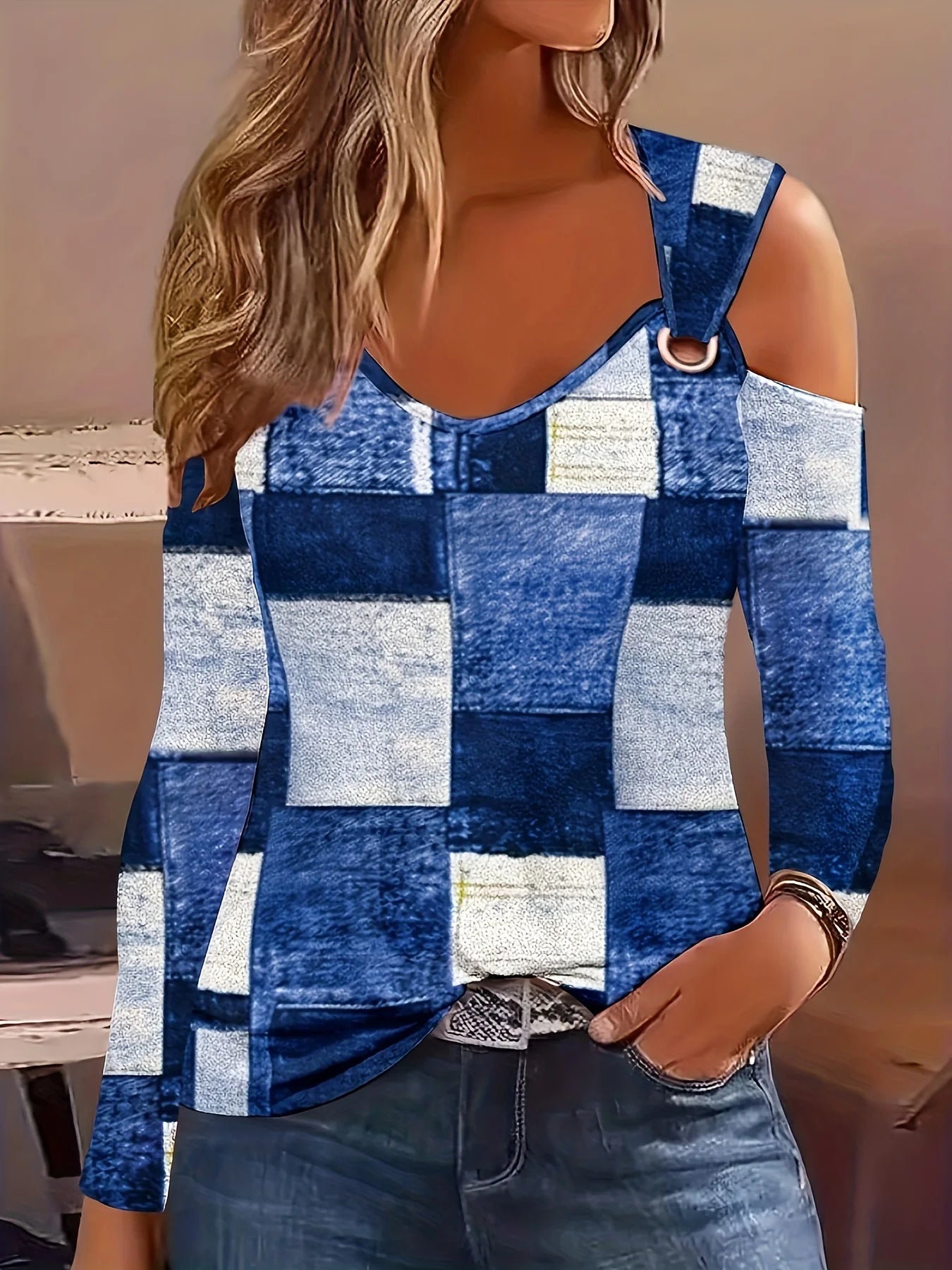 Metal V-Neck Extended-Size Blouse | OWNLUXE