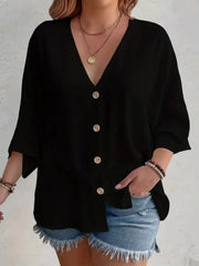 V-Neck Button-Front Loose Blouse – Casual Comfort
