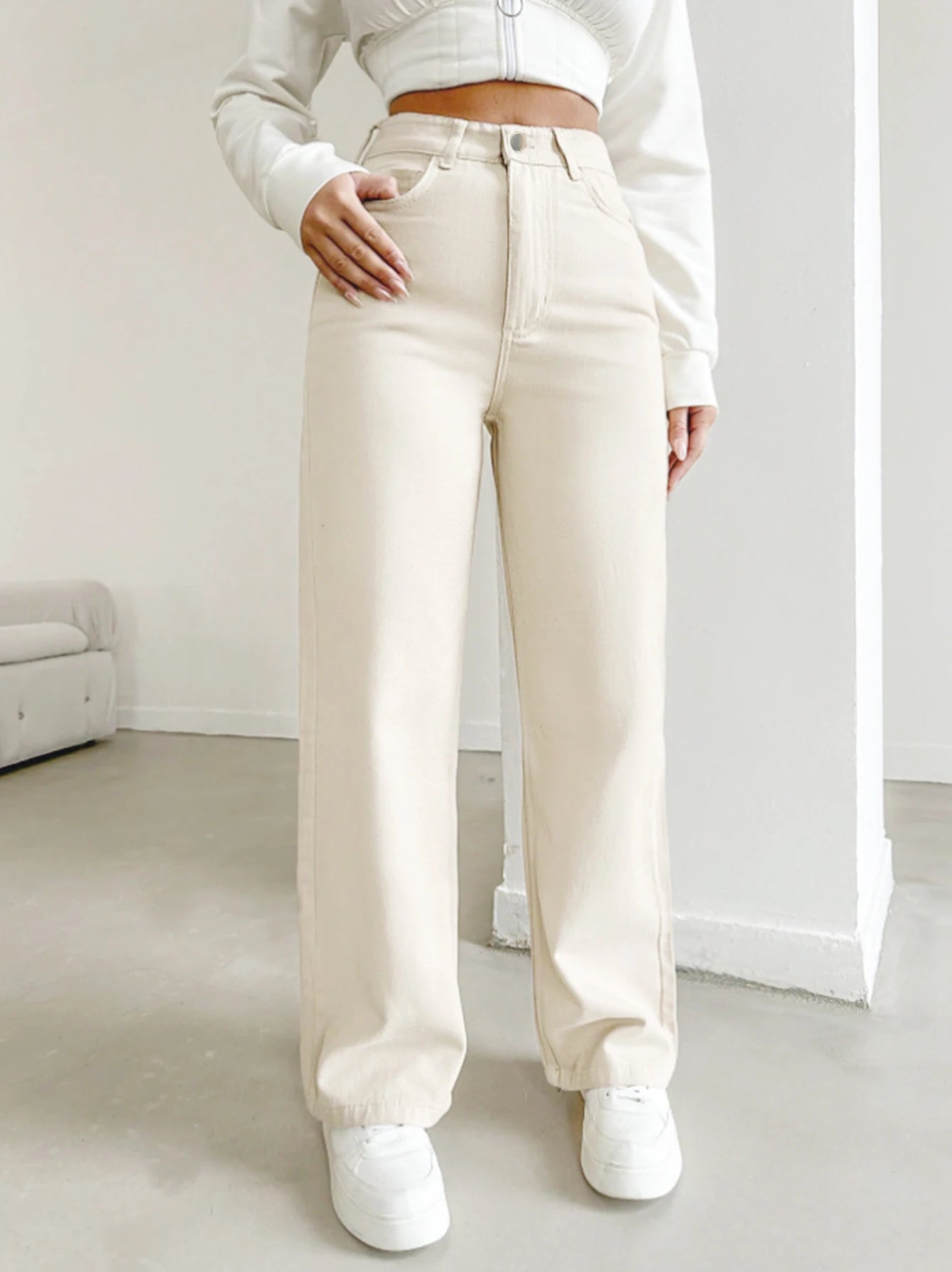 Women's Beige Straight Leg Jeans - High-Waisted Cotton Denim