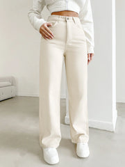 Women's Beige Straight Leg Jeans - High-Waisted Cotton Denim