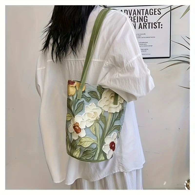 Spacious Oxford Fabric Floral Bucket Bag | OWNLUXE