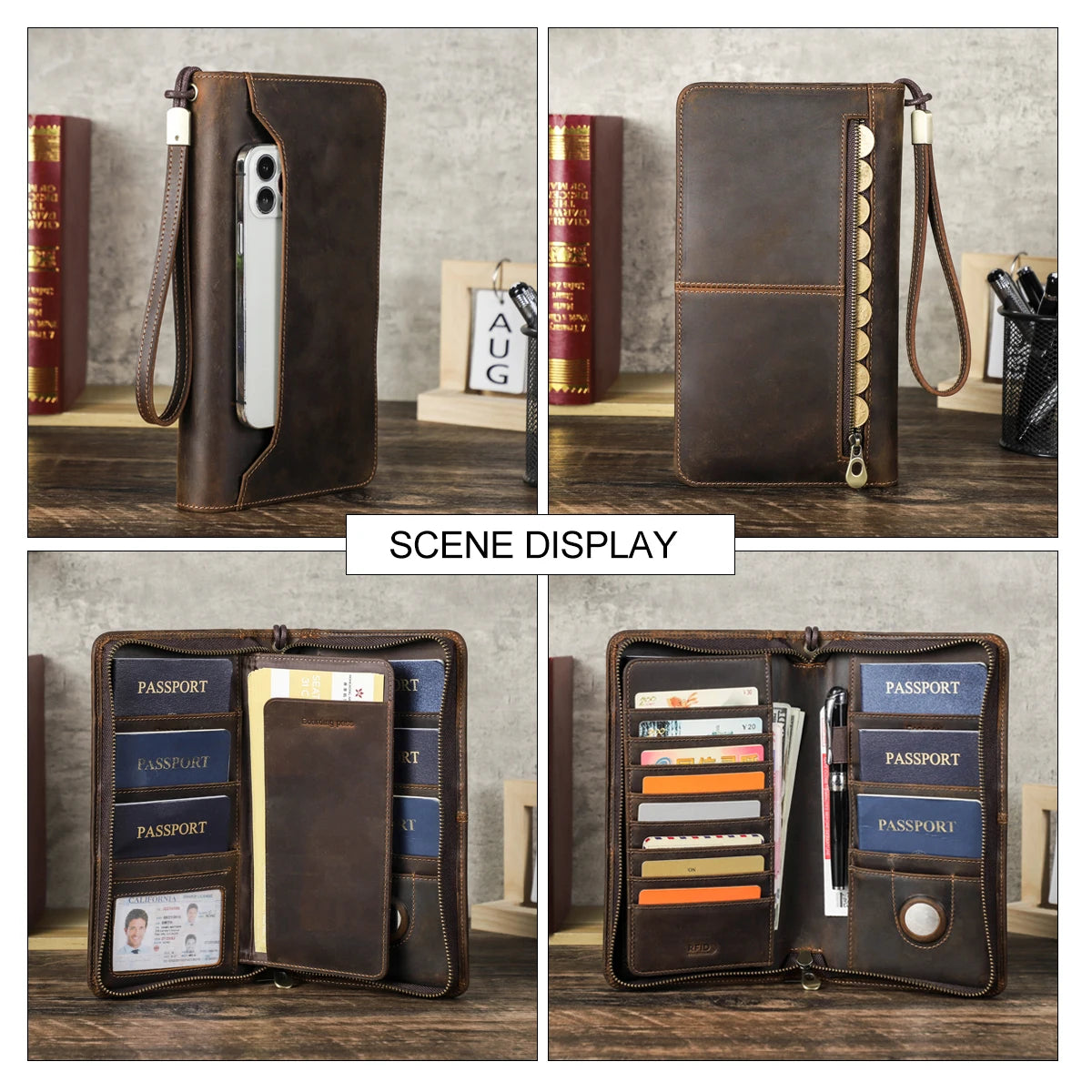 RFID Leather Family Passport Wallet - Premium Travel Organizer with AirTag Slot