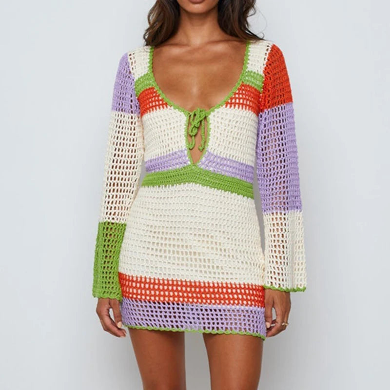 Striped V-Neck Mini Boho Dress | Robe Mini Bohème à Rayures et Col en V