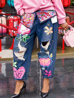Load image into Gallery viewer, Floral Embroidery Rhinestone Jeans - High Waist Beaded Denim
