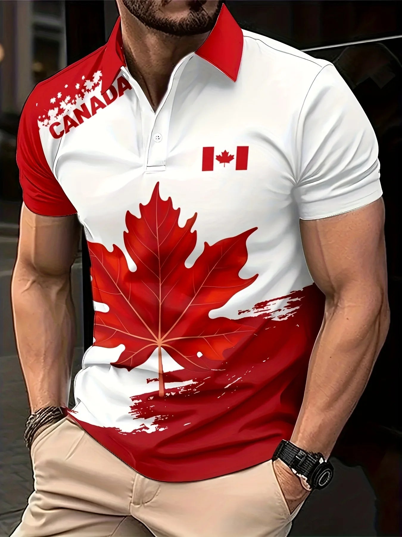 Maple Leaves Canada Flag Men's Polo T-Shirt - 3D Printed Casual Sport Top