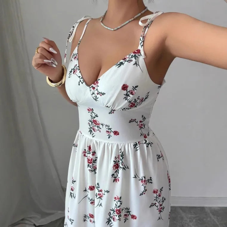 High-Waist Floral Print Bow Dress | OWNLUXE