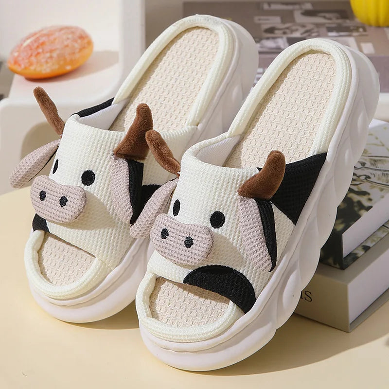Four Seasons Linen House Slippers with Cute Cartoon Design