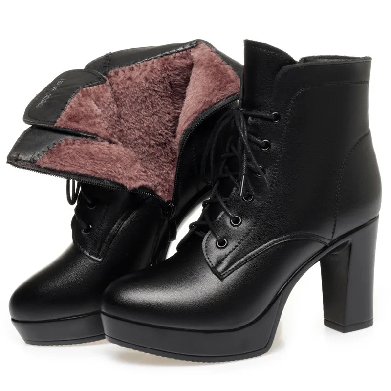 Platform Lace-Up Ankle Boots - Waterproof Winter Boots with Wool Lining