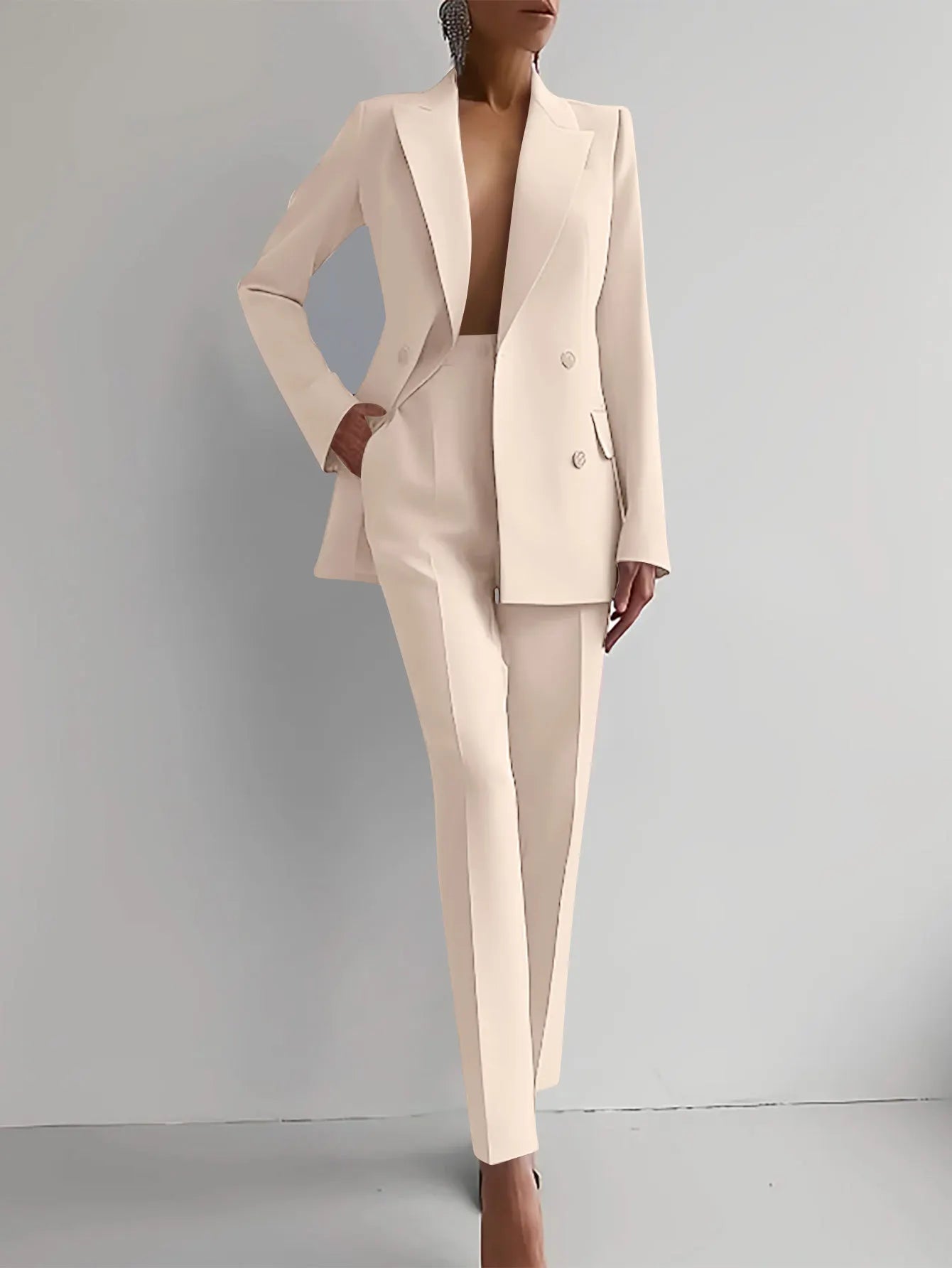 ✨ Women's Slim-Fit 2-Piece Casual Set – Double-Breasted Blazer & Pencil Pants | Ensemble 2 pièces ajusté pour femme – Blazer croisé et pantalon crayon