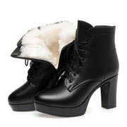 Platform Lace-Up Ankle Boots - Waterproof Winter Boots with Wool Lining