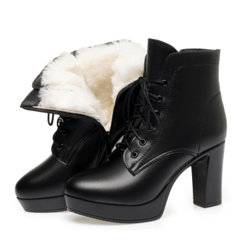 Platform Lace-Up Ankle Boots - Waterproof Winter Boots with Wool Lining
