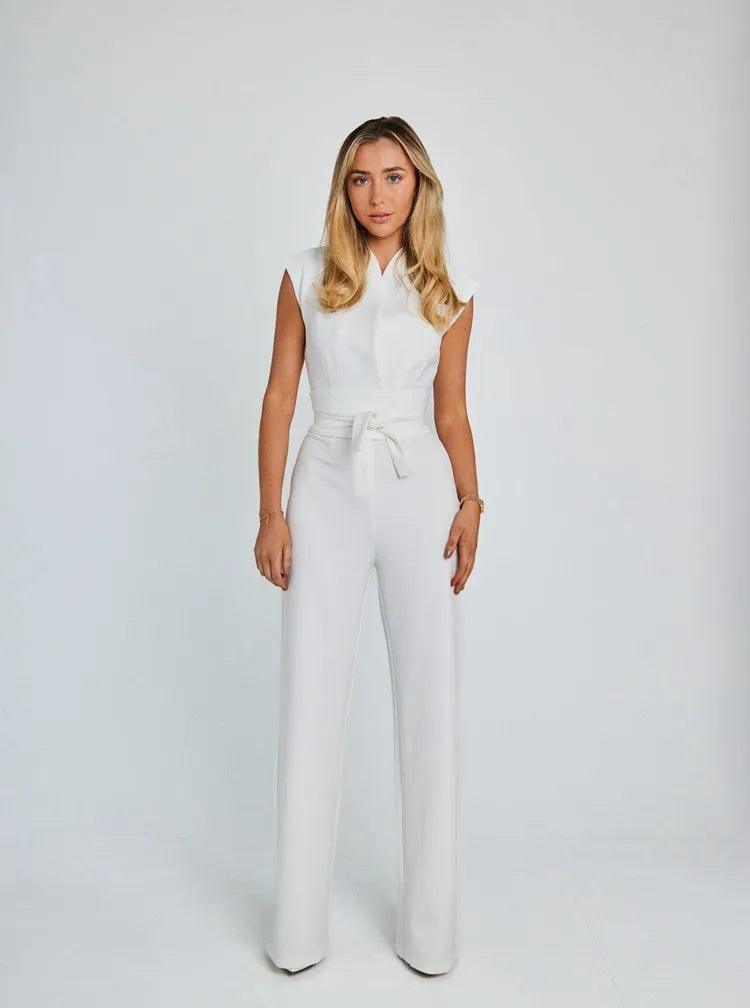 Women's Jumpsuit Sleeveless V Neck High Waist Jumpsuits Black Romper Wrap Belt Front Pocket White Wide Leg Jumpsuit Beige