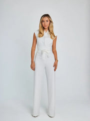 Women's Jumpsuit Sleeveless V Neck High Waist Jumpsuits Black Romper Wrap Belt Front Pocket White Wide Leg Jumpsuit Beige