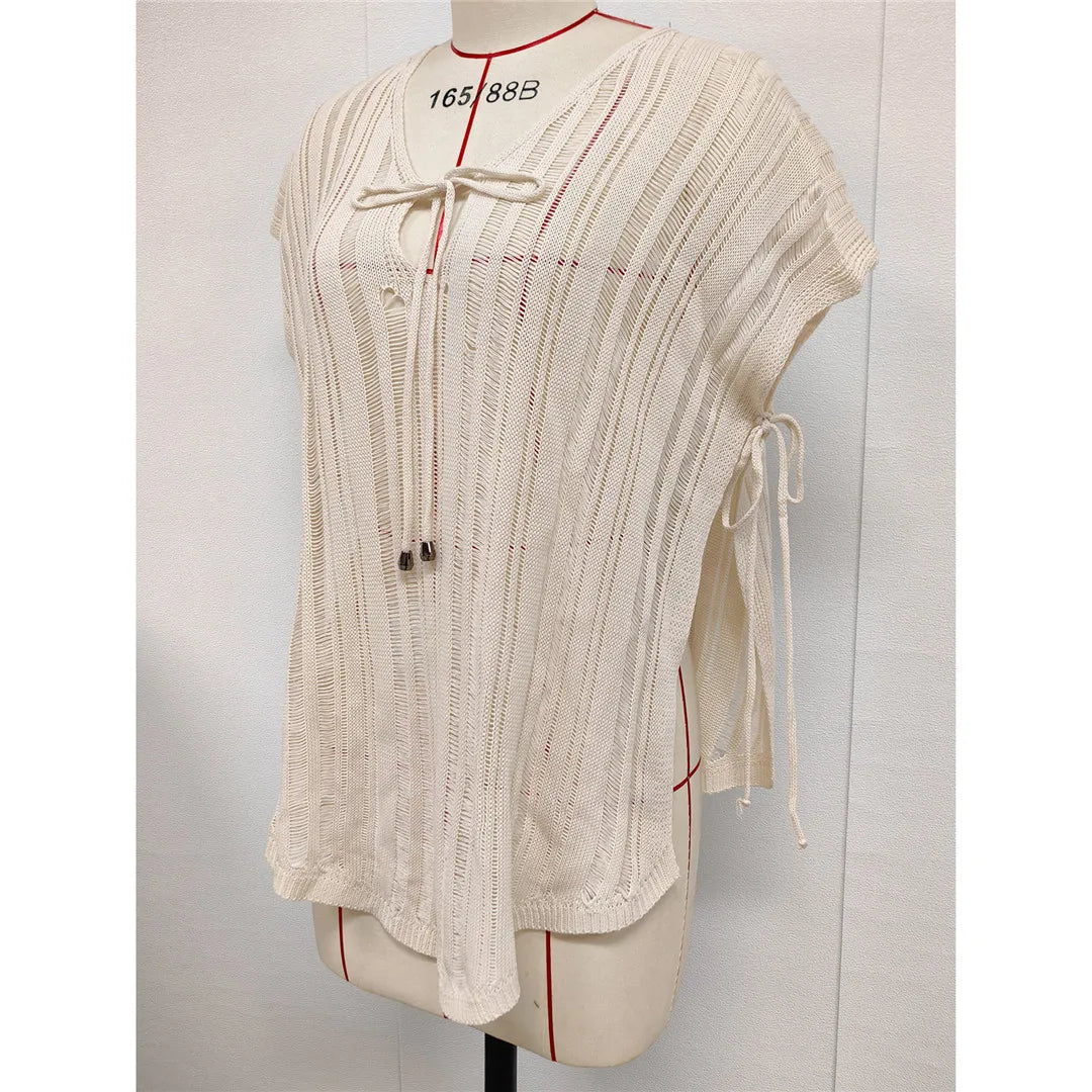 Short-Sleeve V-Neck Crochet Knit Swim Cover-Up | OWNLUXE
