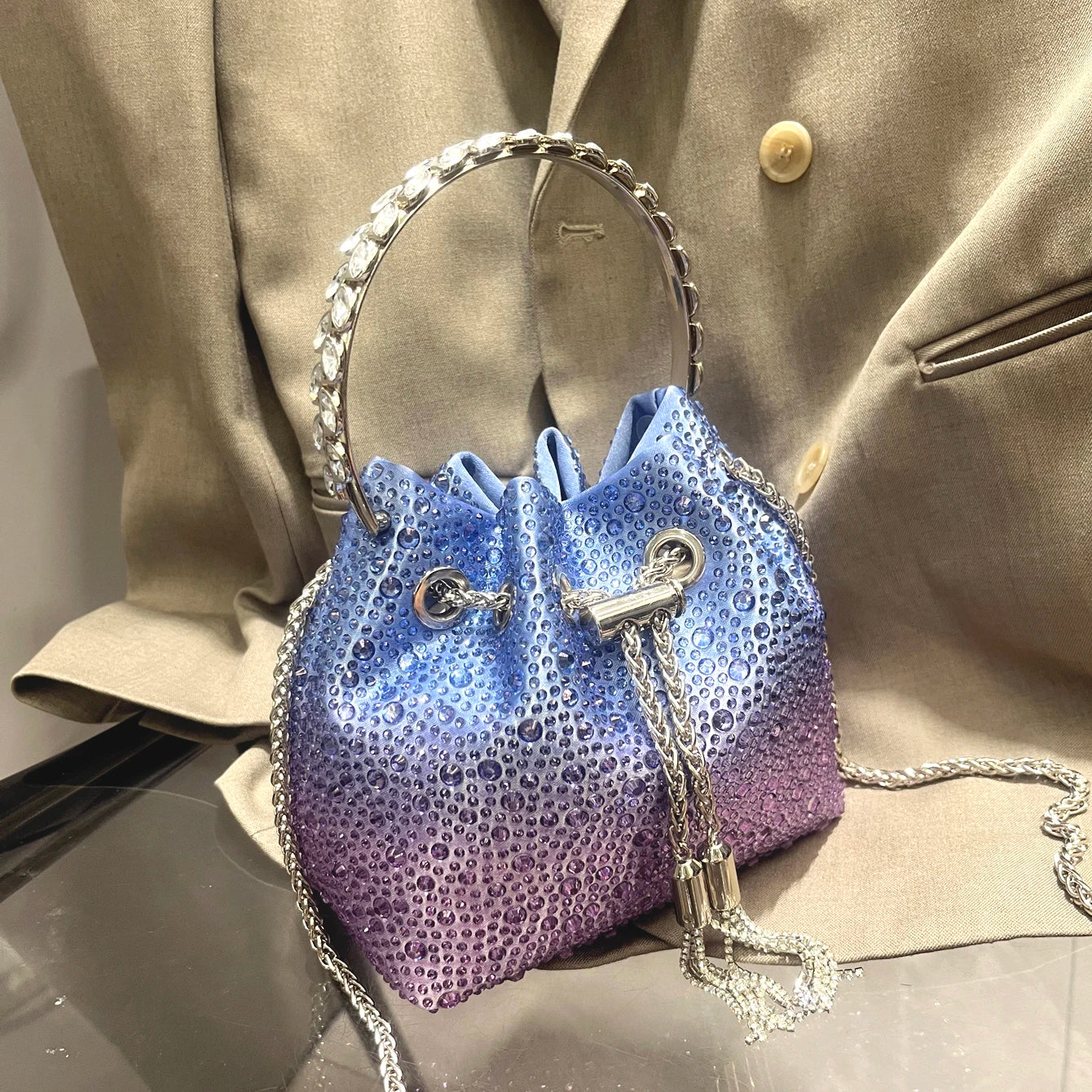 Crystal Bucket Evening Bag (Green Pink) | OWNLUXE