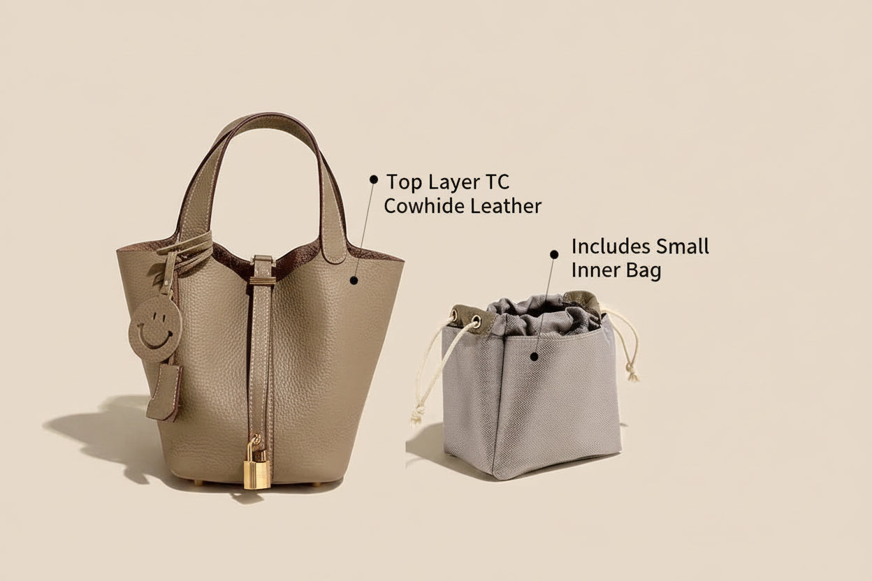 Genuine Cowhide Leather Bucket Bag - Fashion Lock Handbag with Phone Pocket | OWNLUXE