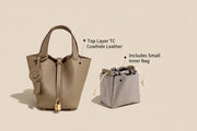 Genuine Cowhide Leather Bucket Bag - Fashion Lock Handbag with Phone Pocket | OWNLUXE