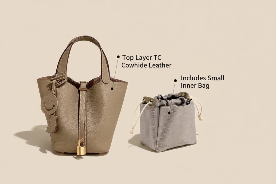 Genuine Cowhide Leather Bucket Bag - Fashion Lock Handbag with Phone Pocket | OWNLUXE