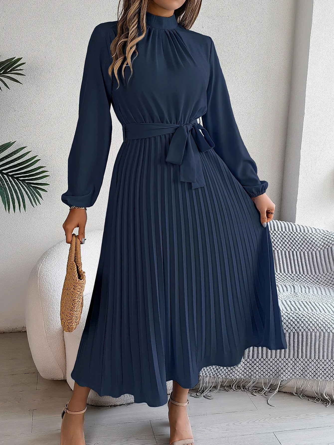 Slim-Fit A-Line Solid Dress with Stand Collar – Ankle-Length, Sashes Detail, Autumn/Winter