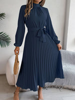 Load image into Gallery viewer, Slim-Fit A-Line Solid Dress with Stand Collar – Ankle-Length, Sashes Detail, Autumn/Winter
