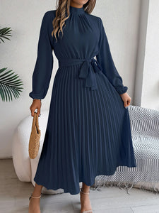 Slim-Fit A-Line Solid Dress with Stand Collar – Ankle-Length, Sashes Detail, Autumn/Winter